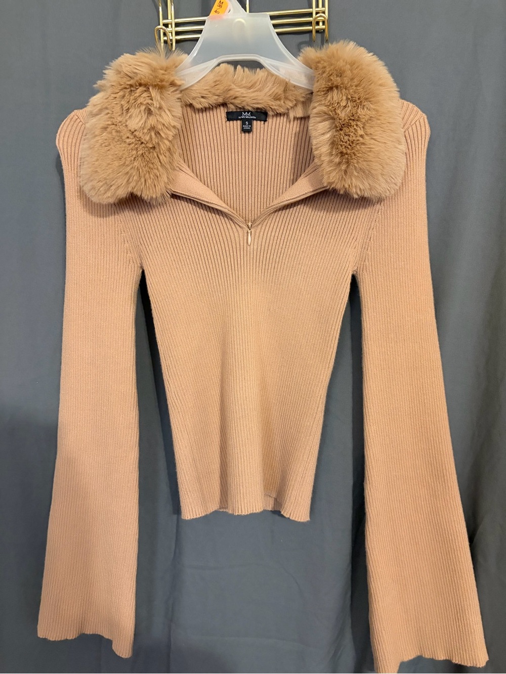 My Michelle Beige Ribbed V-Neck Sweater with Faux-Fur Collar